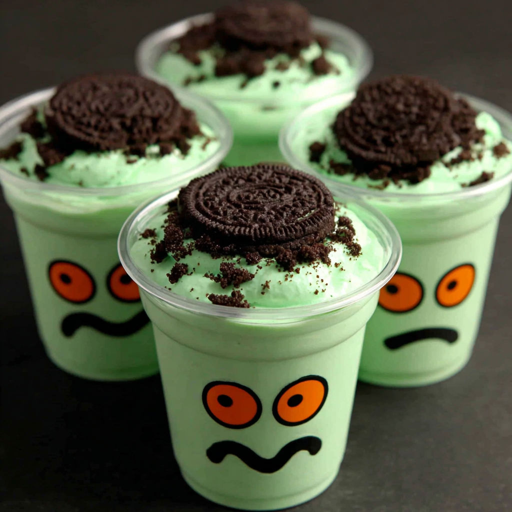 A cup of pudding with a black and white face on it.