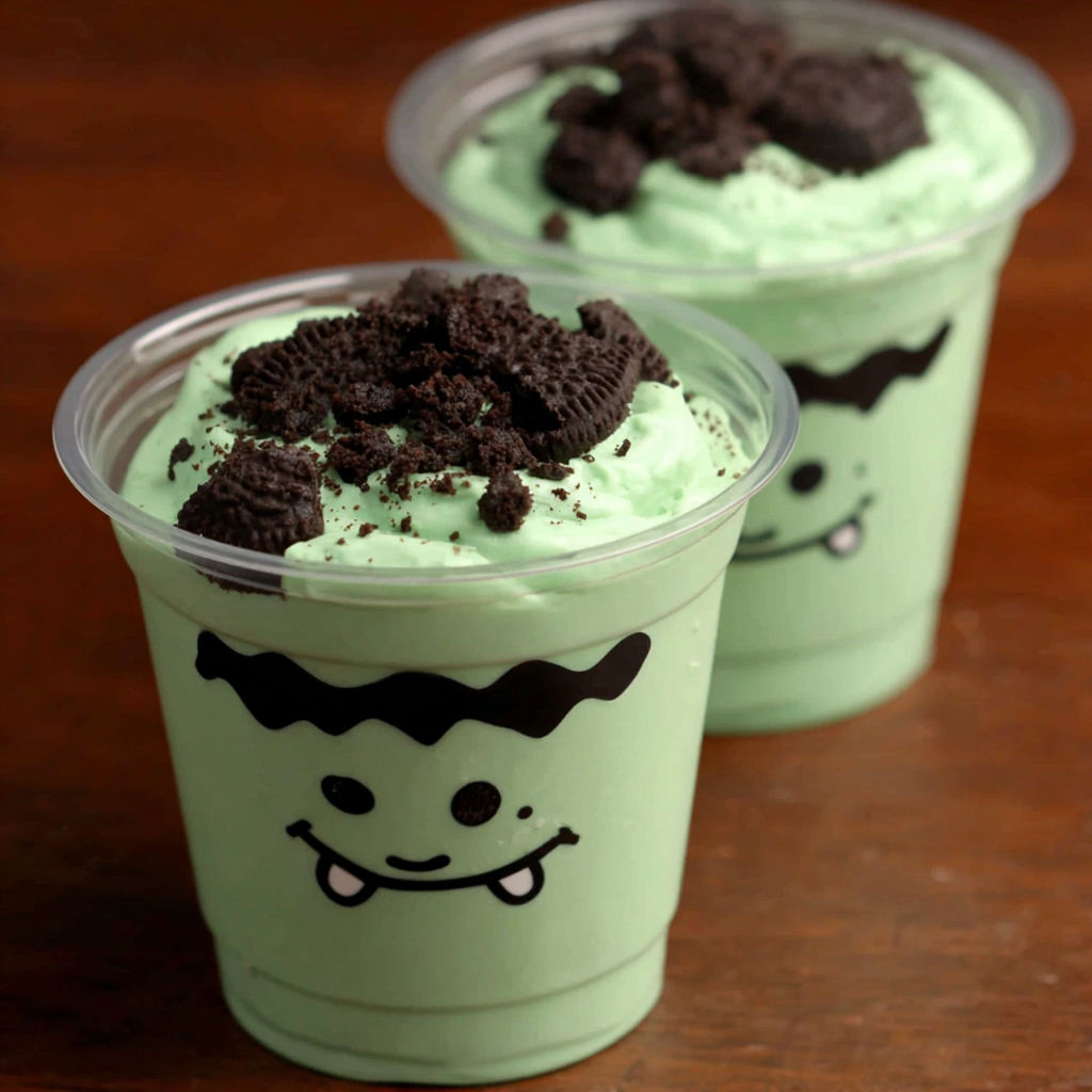 Two cups of green smoothie with chocolate chips.