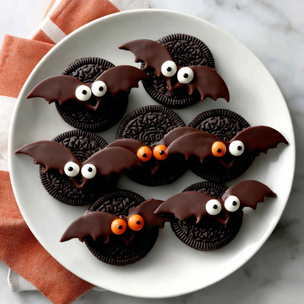 A plate of Oreo treats with candy eyes and chocolate wafers.