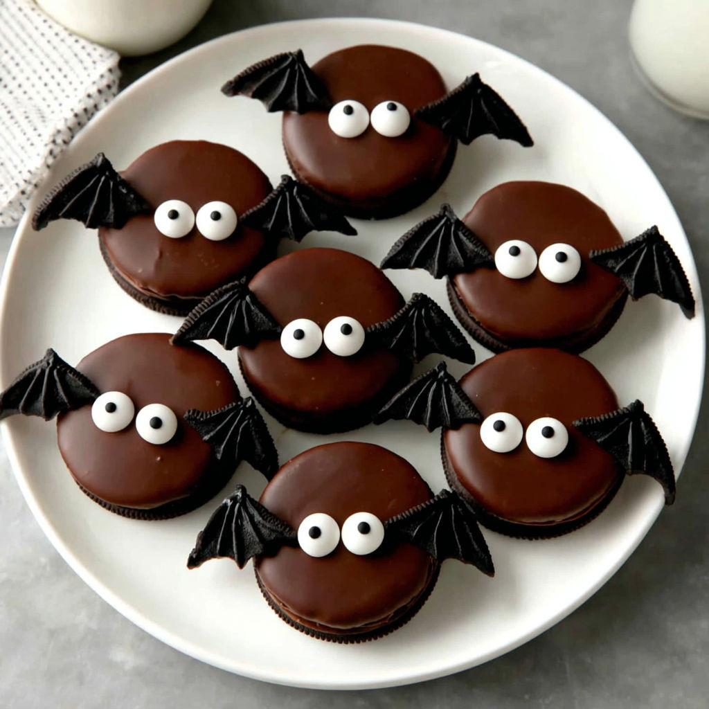 A plate of chocolate bat oreo treats.