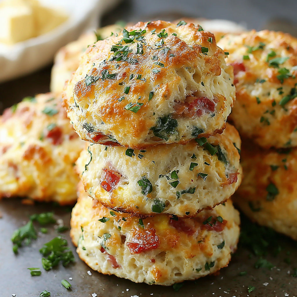 A stack of biscuits with green herbs on top.