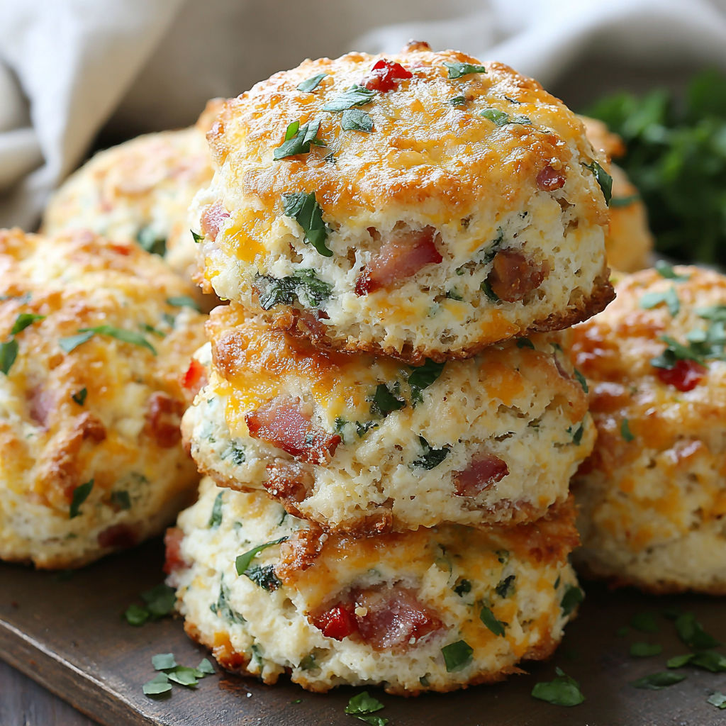 A stack of biscuits with cheese and bacon.