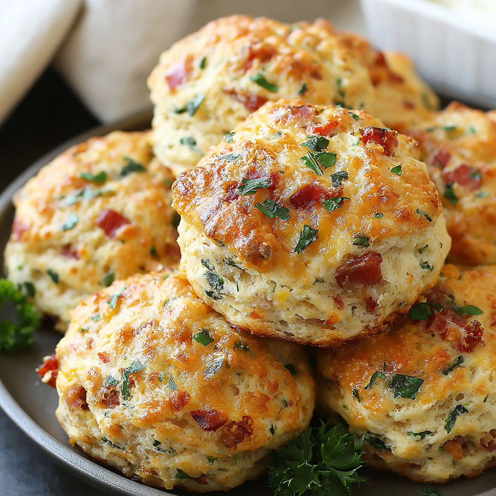 A stack of biscuits with green herbs on top.