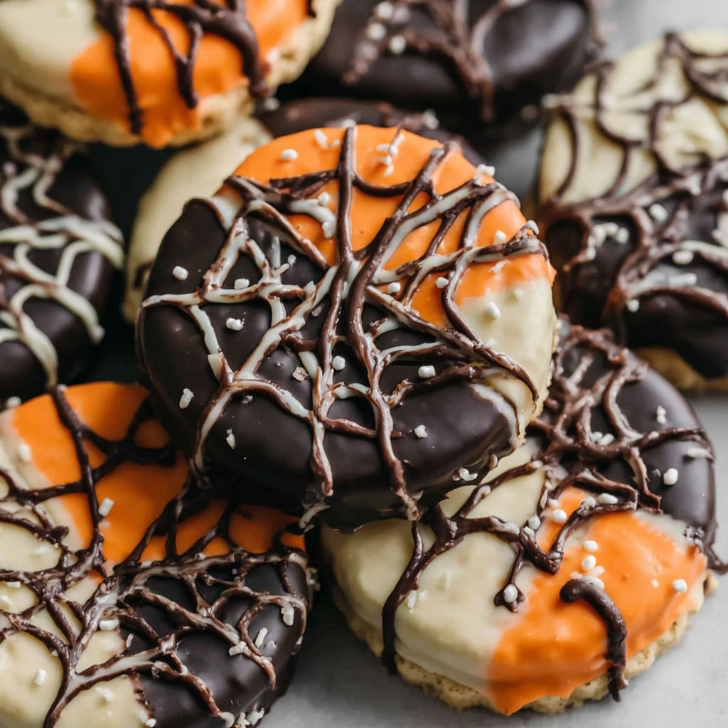A plate of cookies with chocolate and orange frosting.