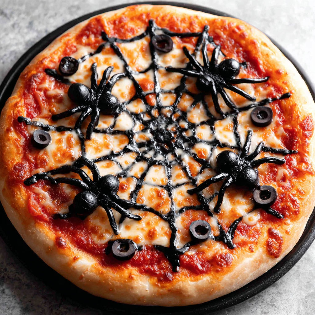 A pizza with spiders on it.