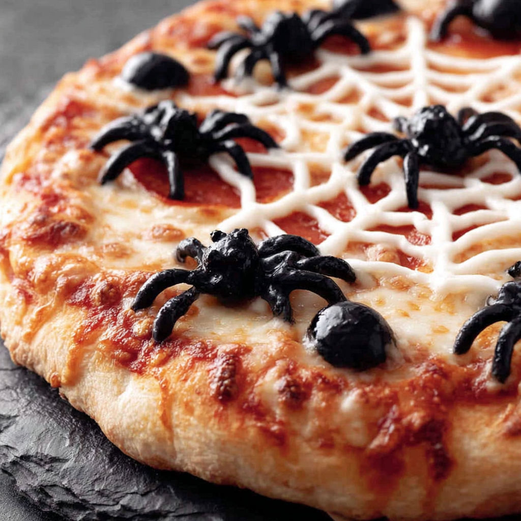 A pizza with black spiders on it.