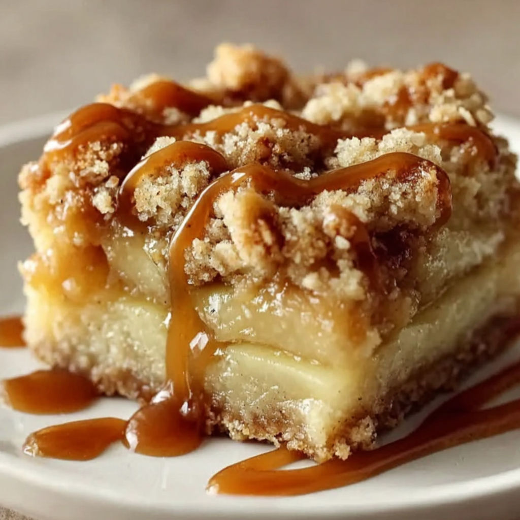 A slice of caramel apple crumble bars.