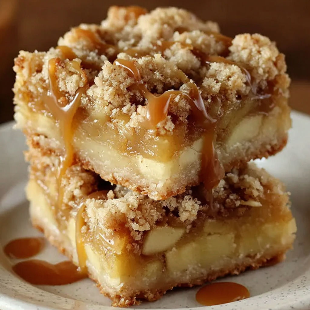 A stack of three caramel apple crumble bars.
