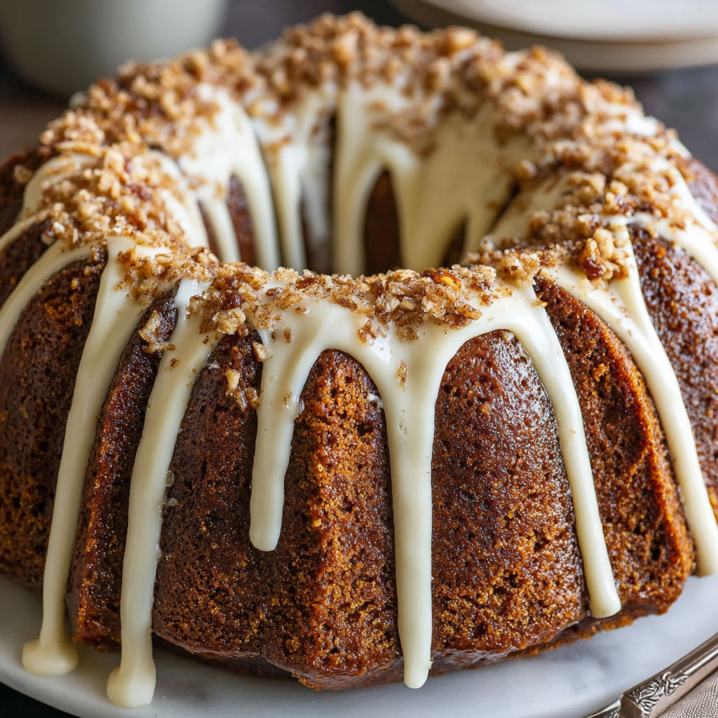 A bundt cake with vanilla glaze.