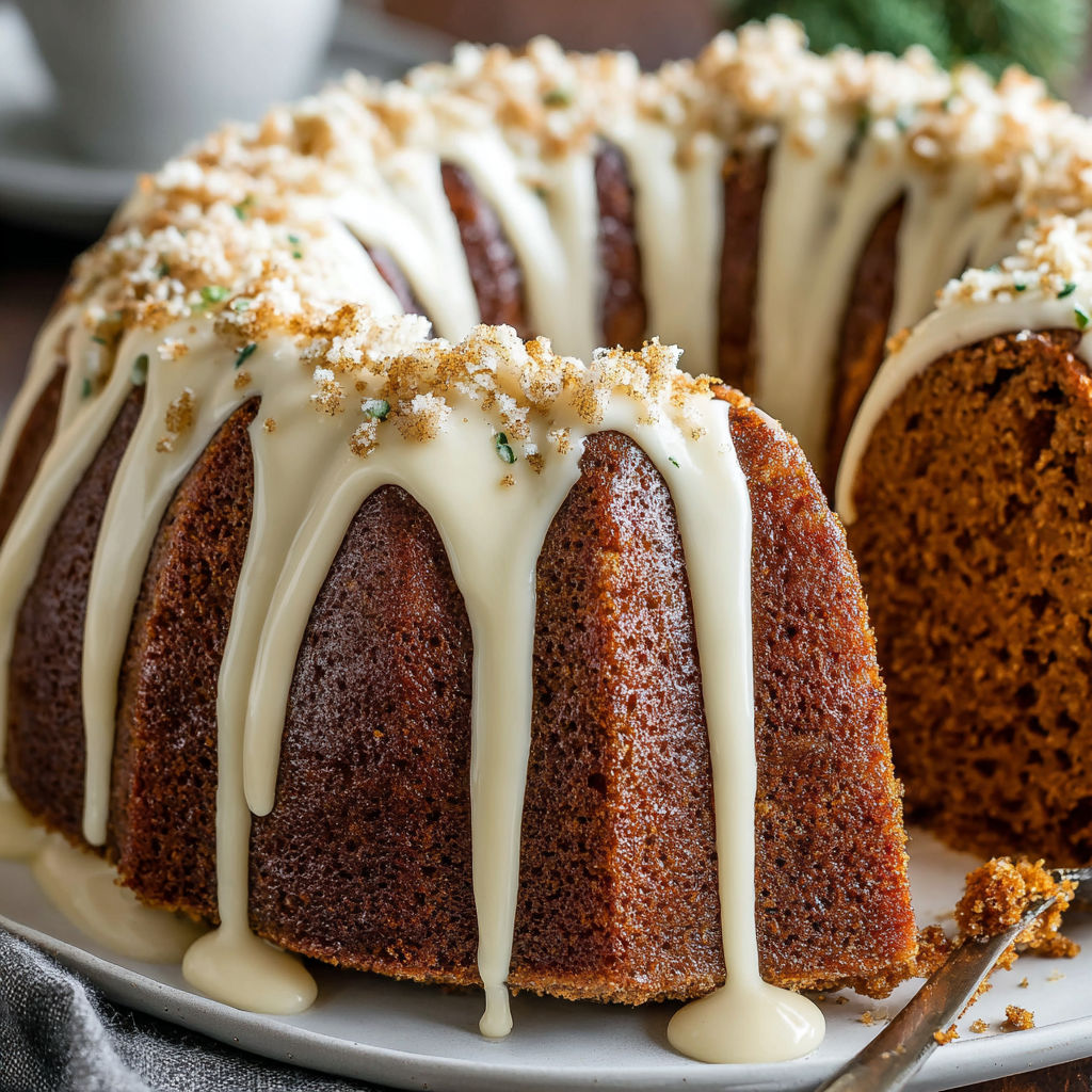 A bundt cake with vanilla glaze.