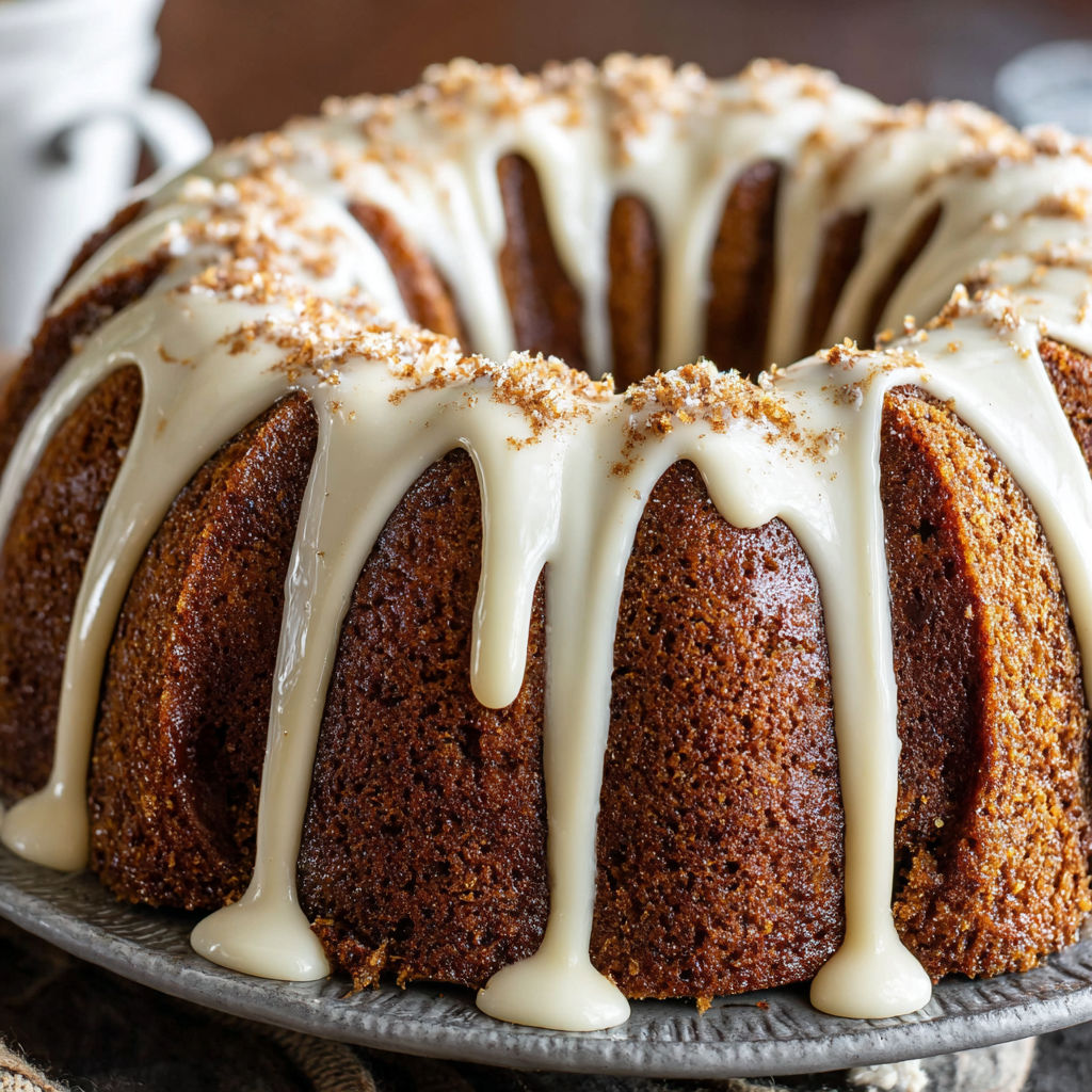 A bundt cake with vanilla glaze.