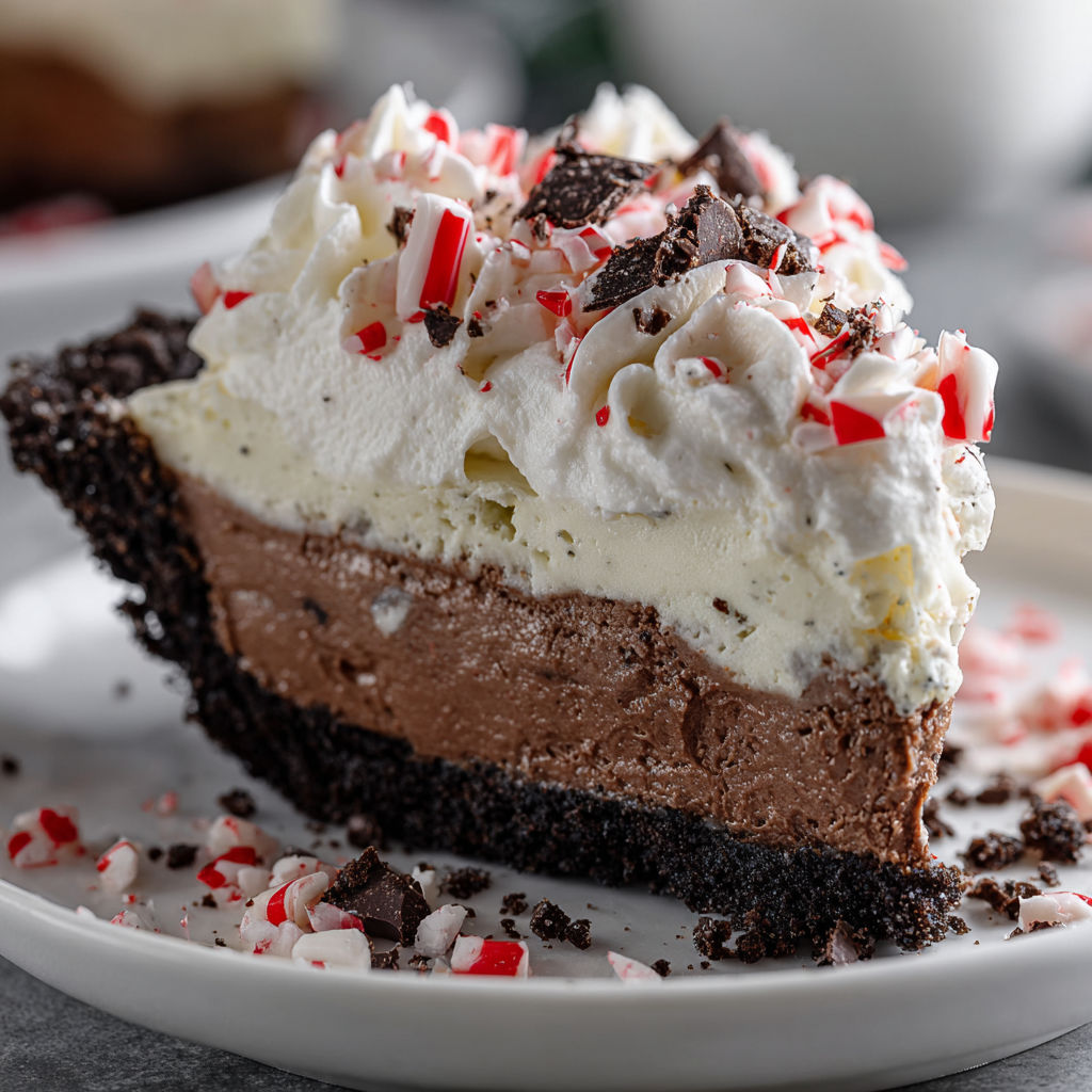 A slice of chocolate peppermint cream pie.