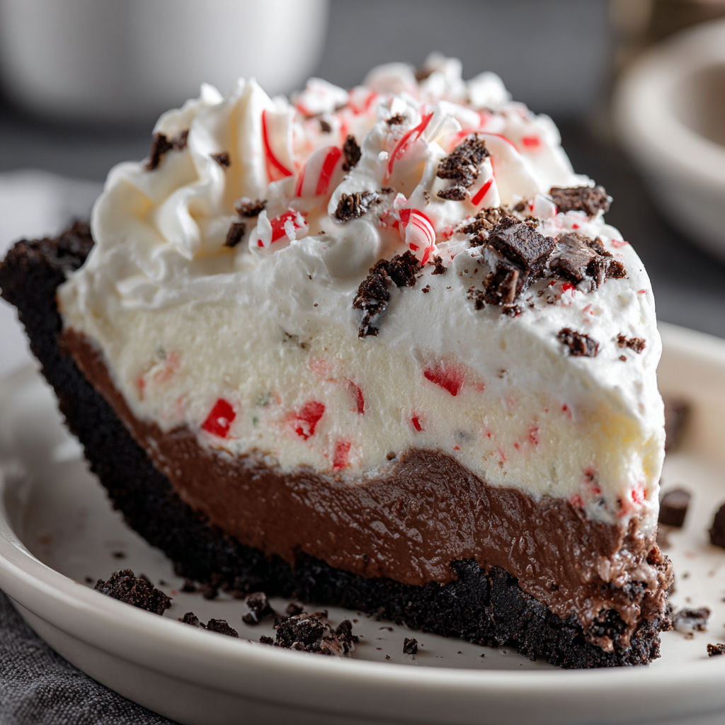 A slice of chocolate peppermint cream pie.
