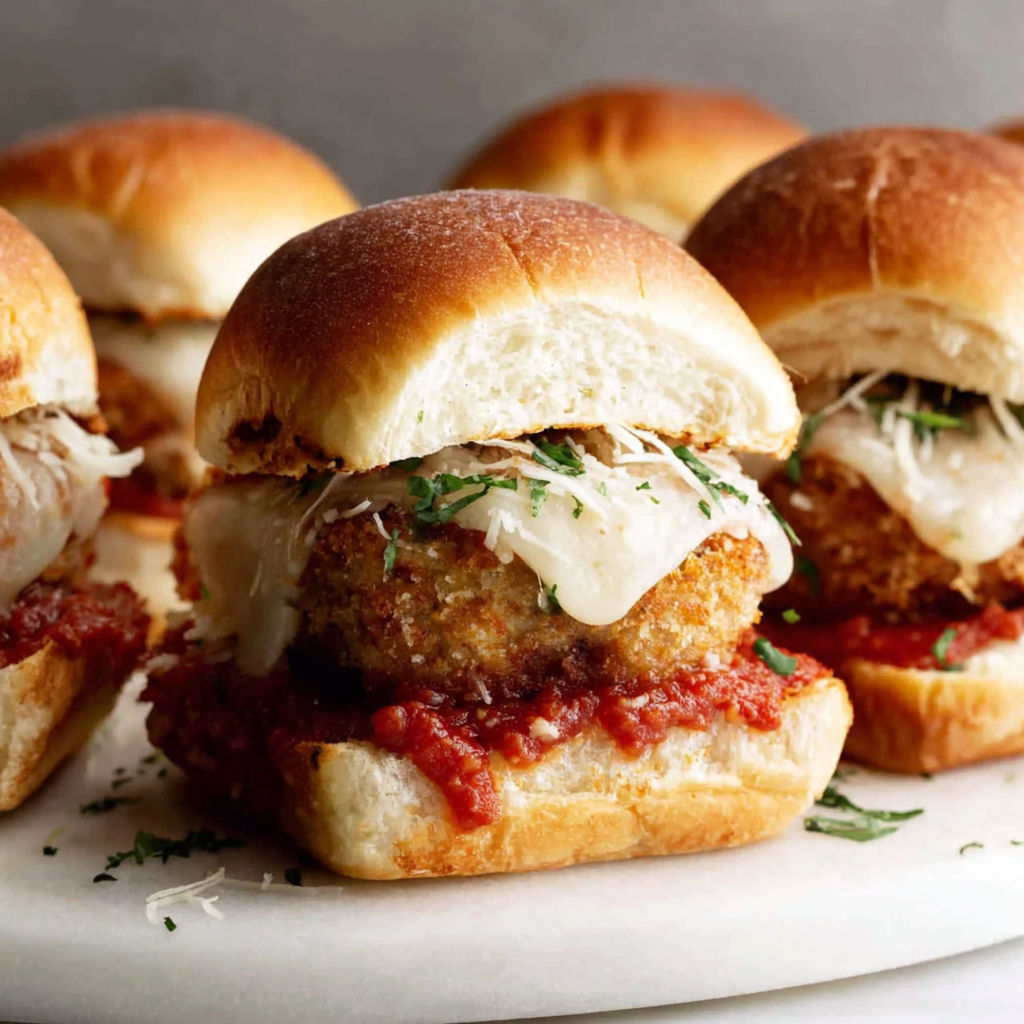 A plate of chicken parmesan meatball sliders.