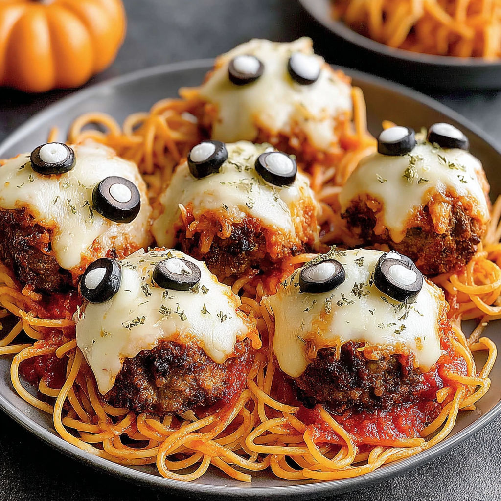 A plate of spaghetti with meatballs and black olives.