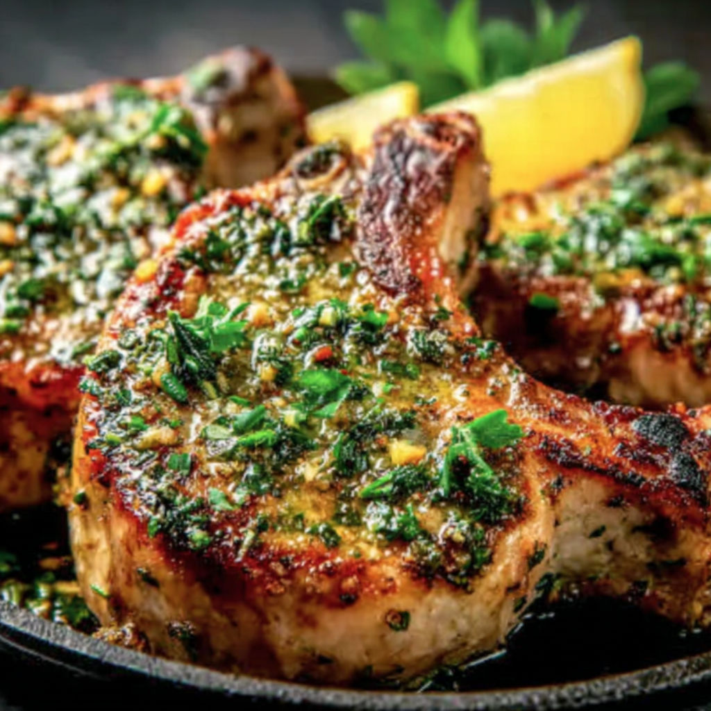 A plate of pork chops with herbs on top.