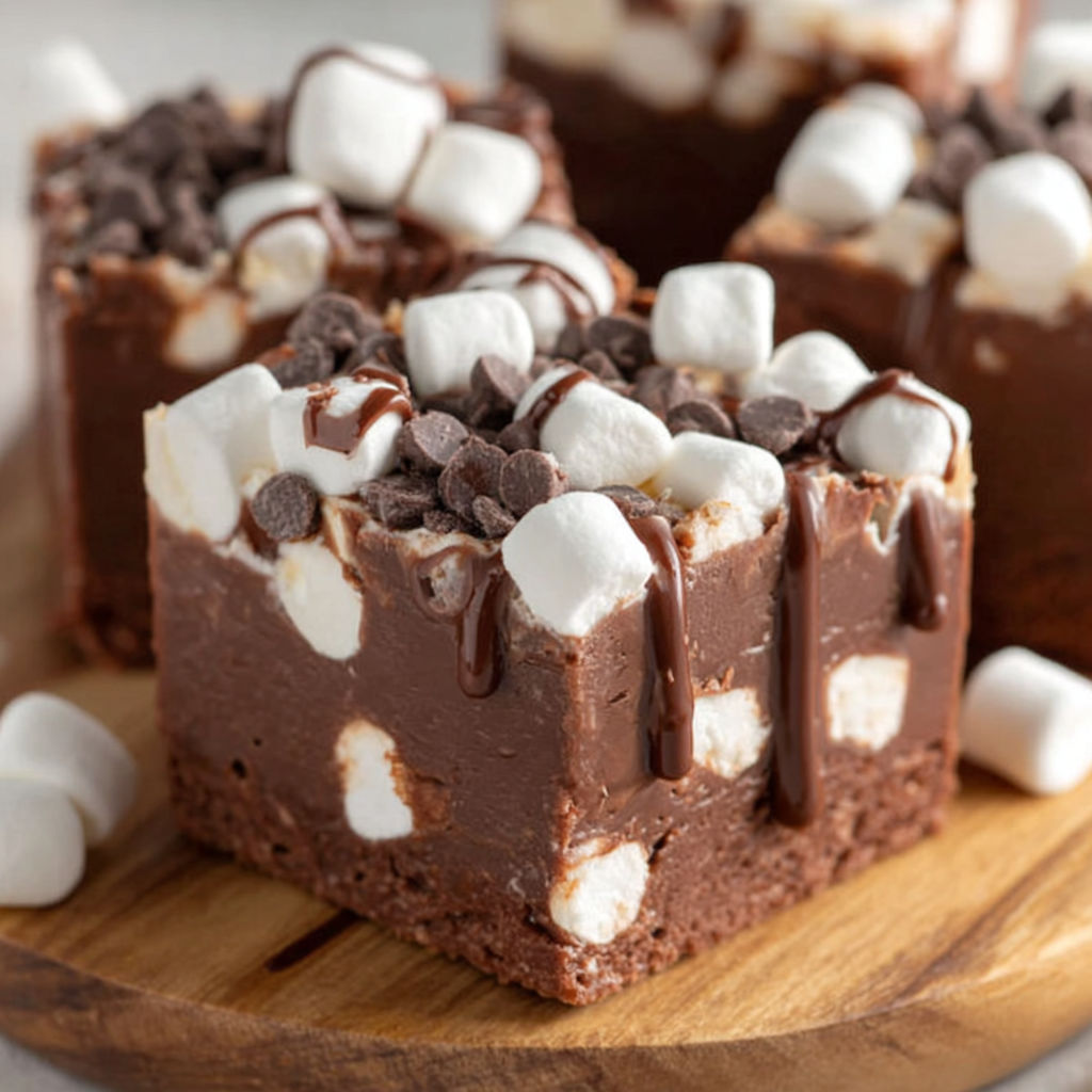 A close up of a piece of chocolate fudge cake with marshmallows on top.