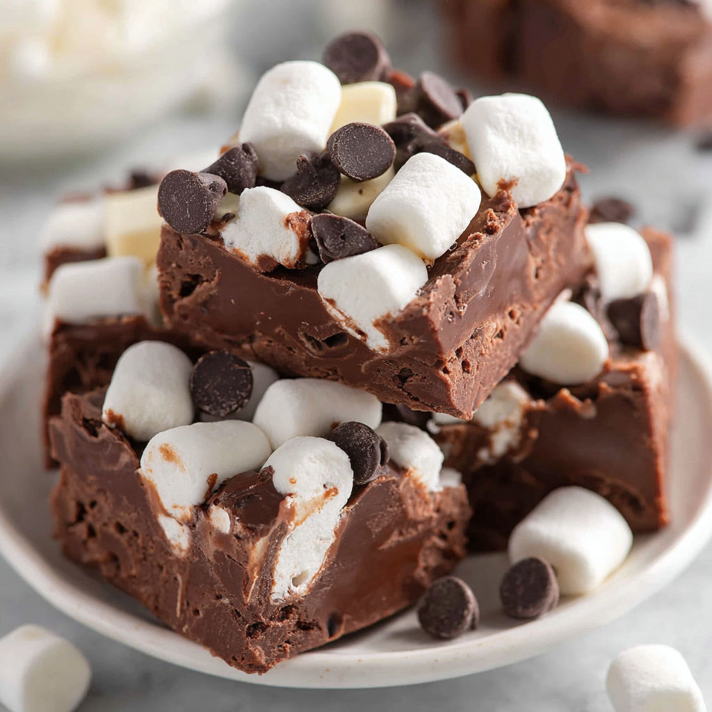 A plate of chocolate fudge with marshmallows on top.