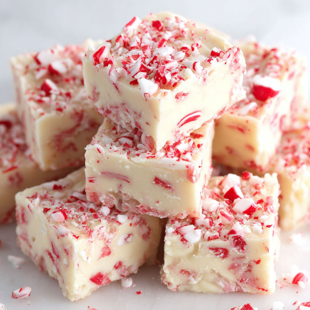 A stack of red and white candy cane fudge.