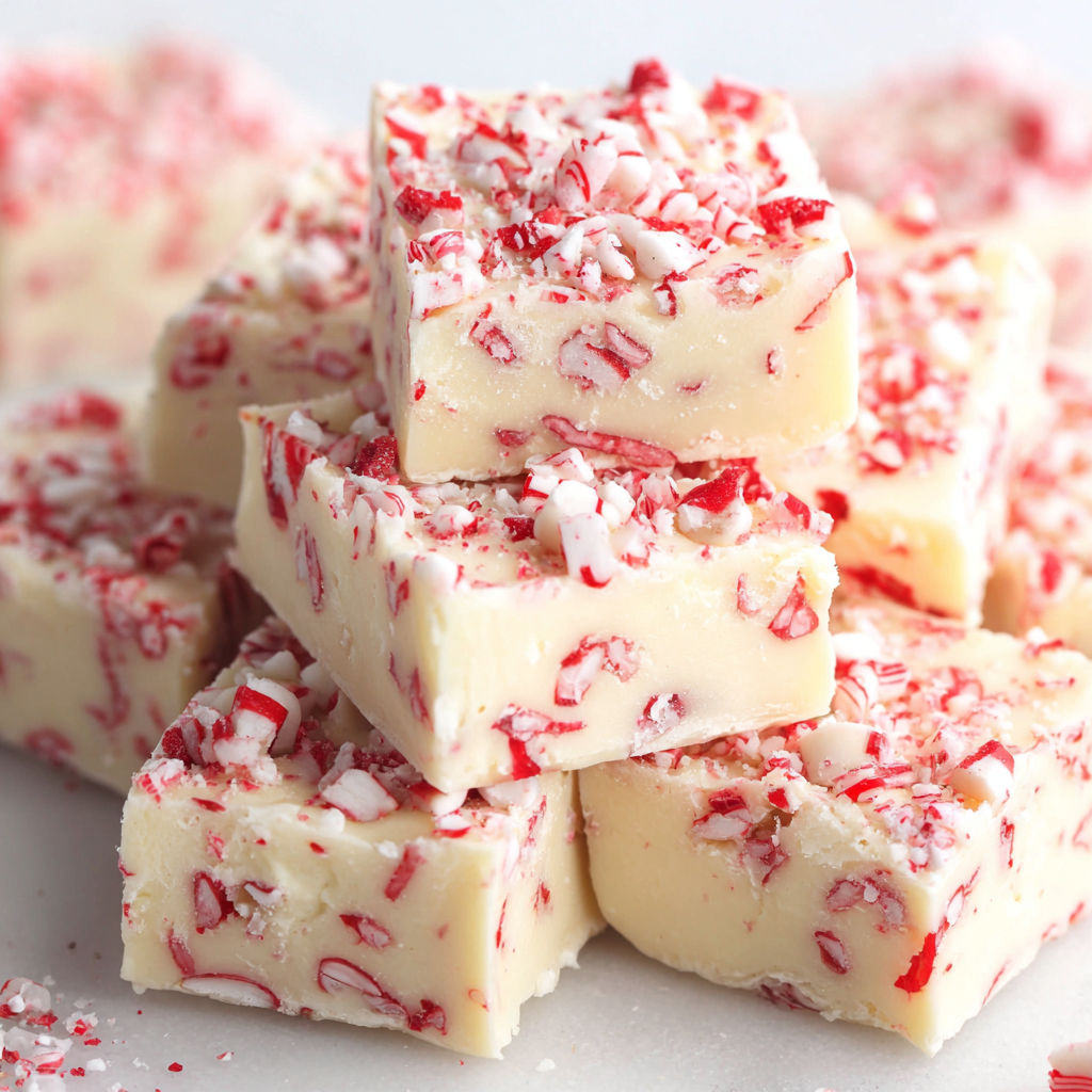 A stack of red and white candy cane fudge.