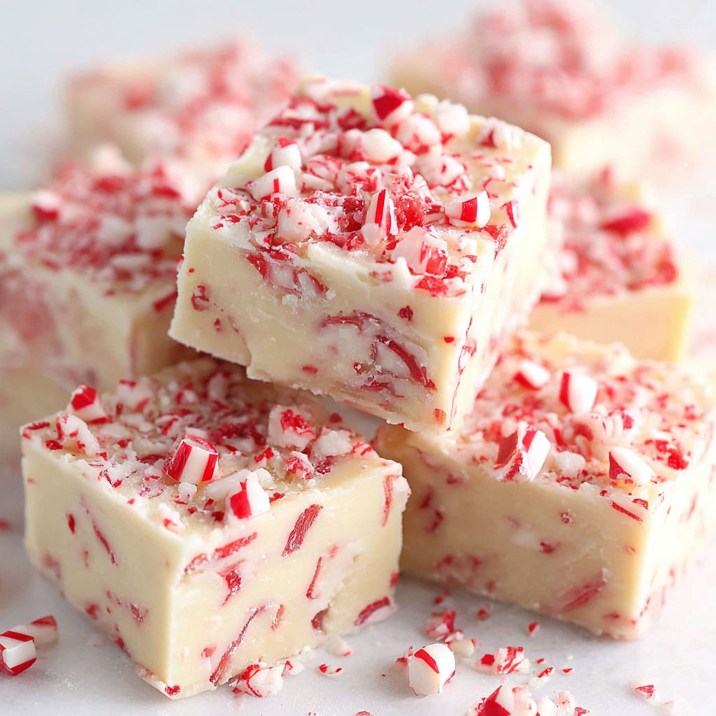 A stack of red and white candy cane fudge.