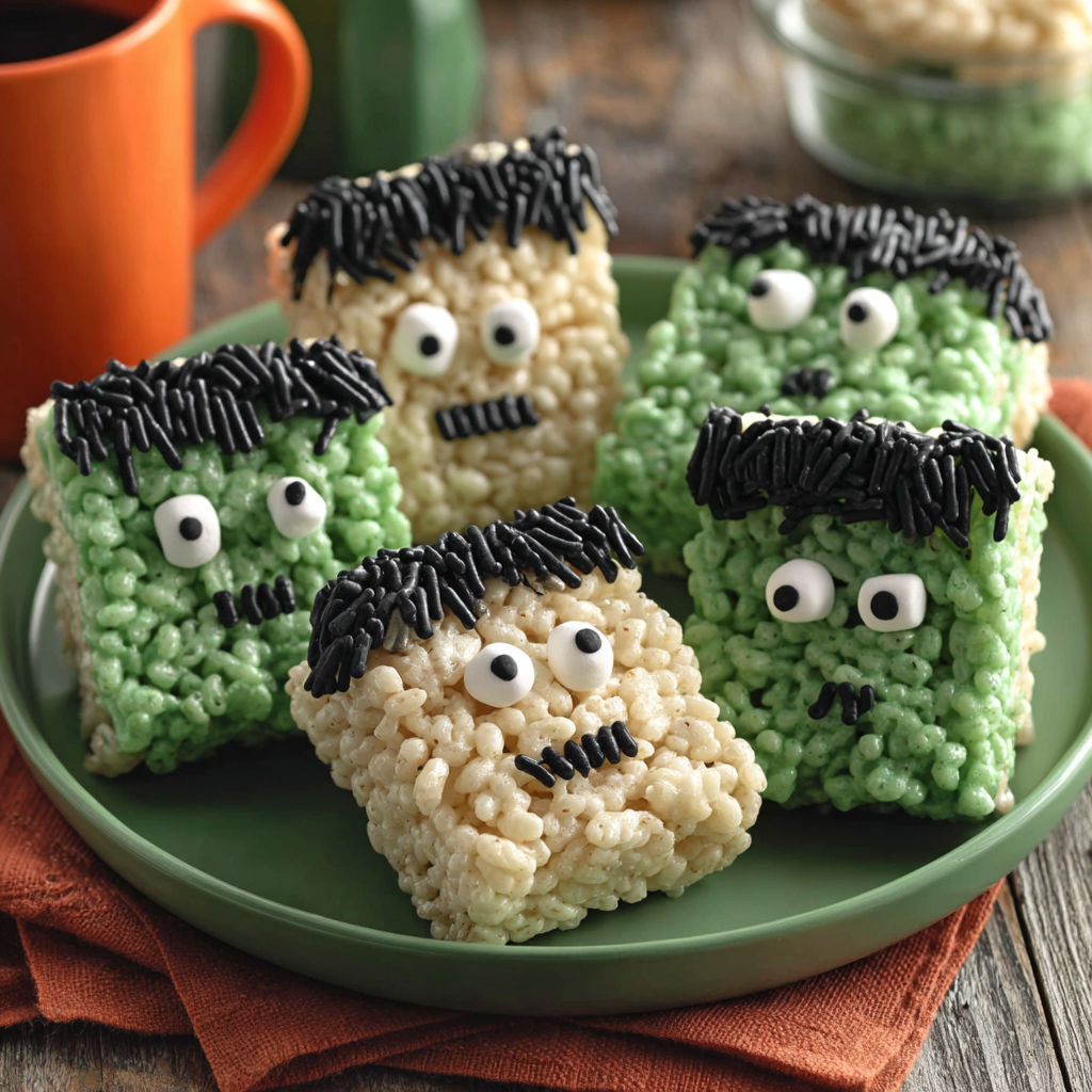 A plate of Frankenstein rice krispie treats.