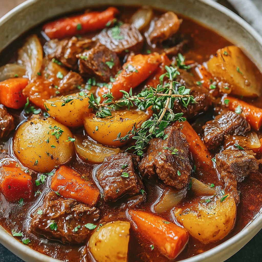 A bowl of beef stew with carrots and parsley.