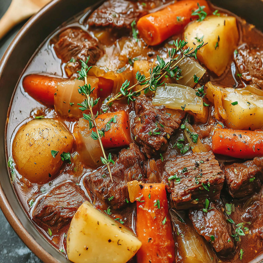 A delicious savory beef stew with carrots and herbs.