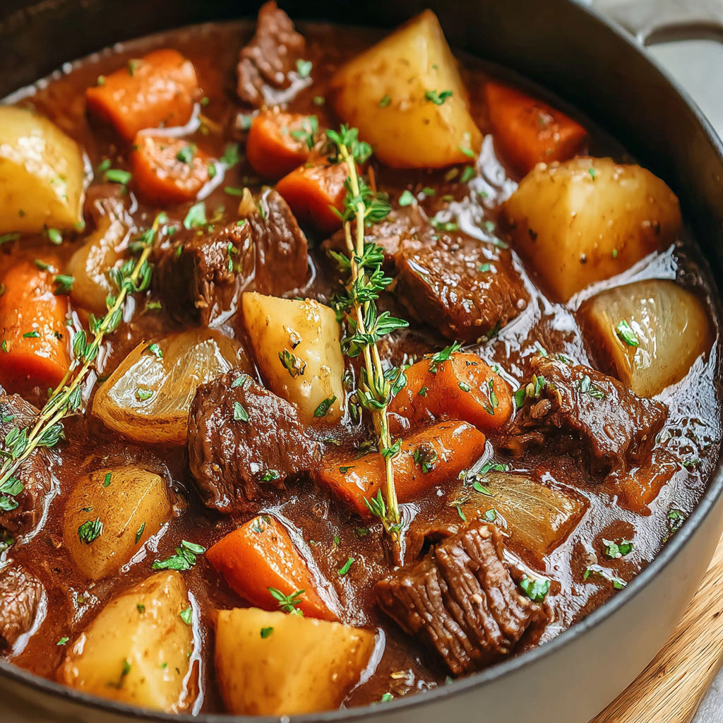 A delicious savory beef stew with carrots and potatoes.