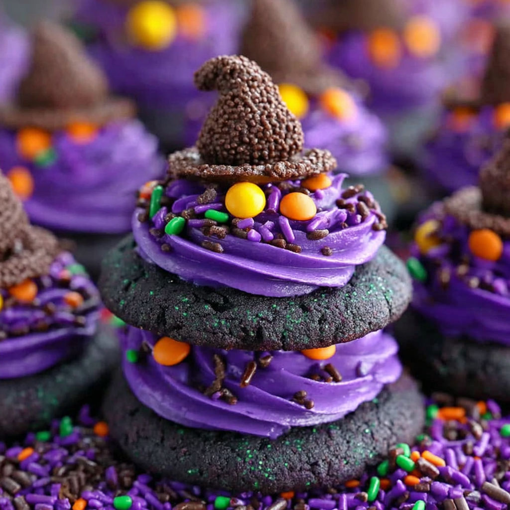 A stack of cookies with a witch hat on top.