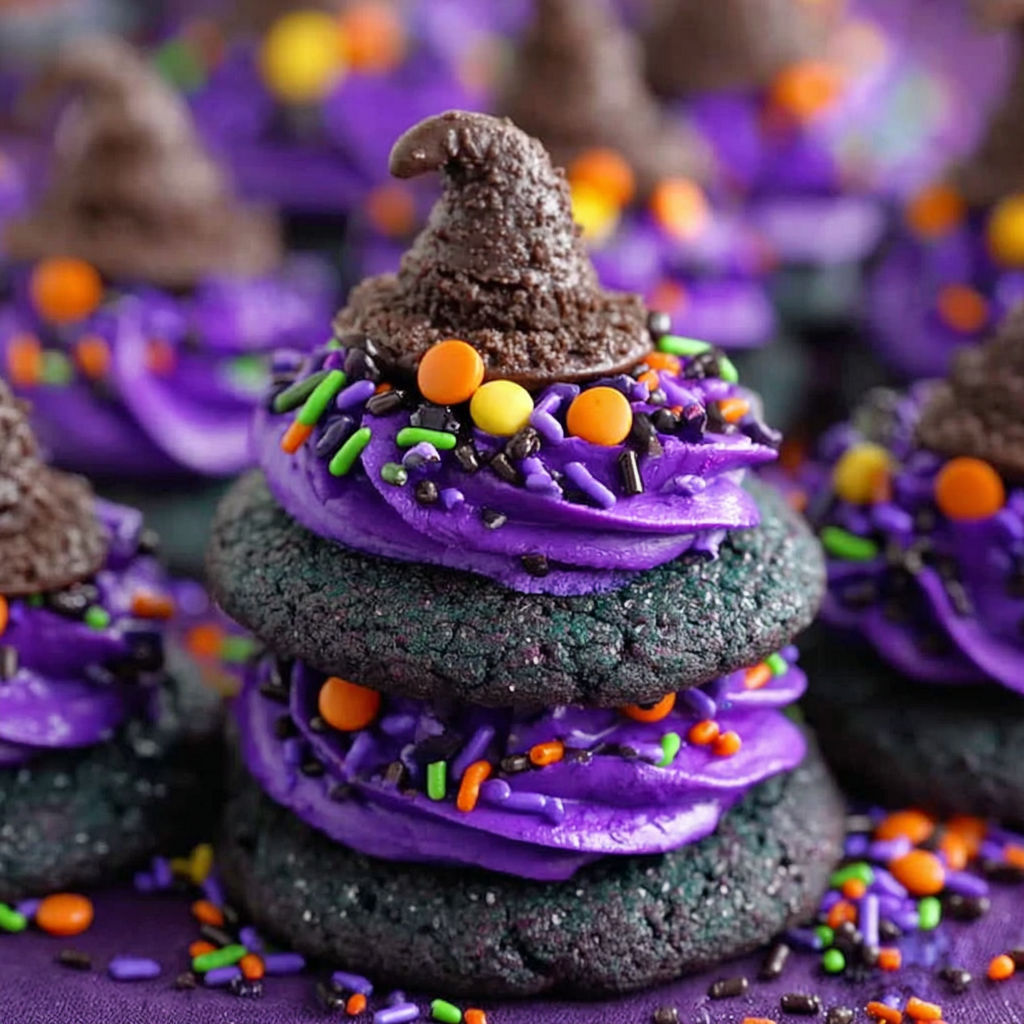 A stack of cookies with a witch hat on top.