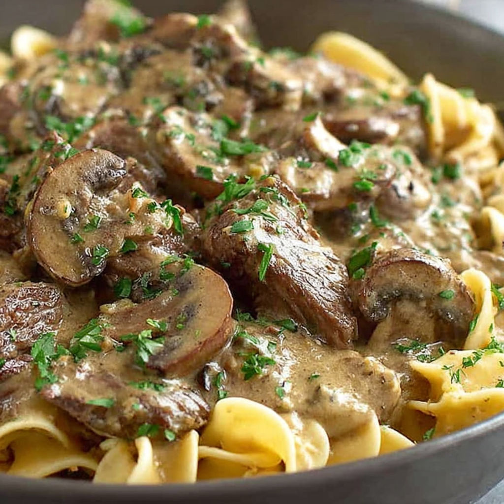 A bowl of beef stroganoff with mushrooms and herbs.