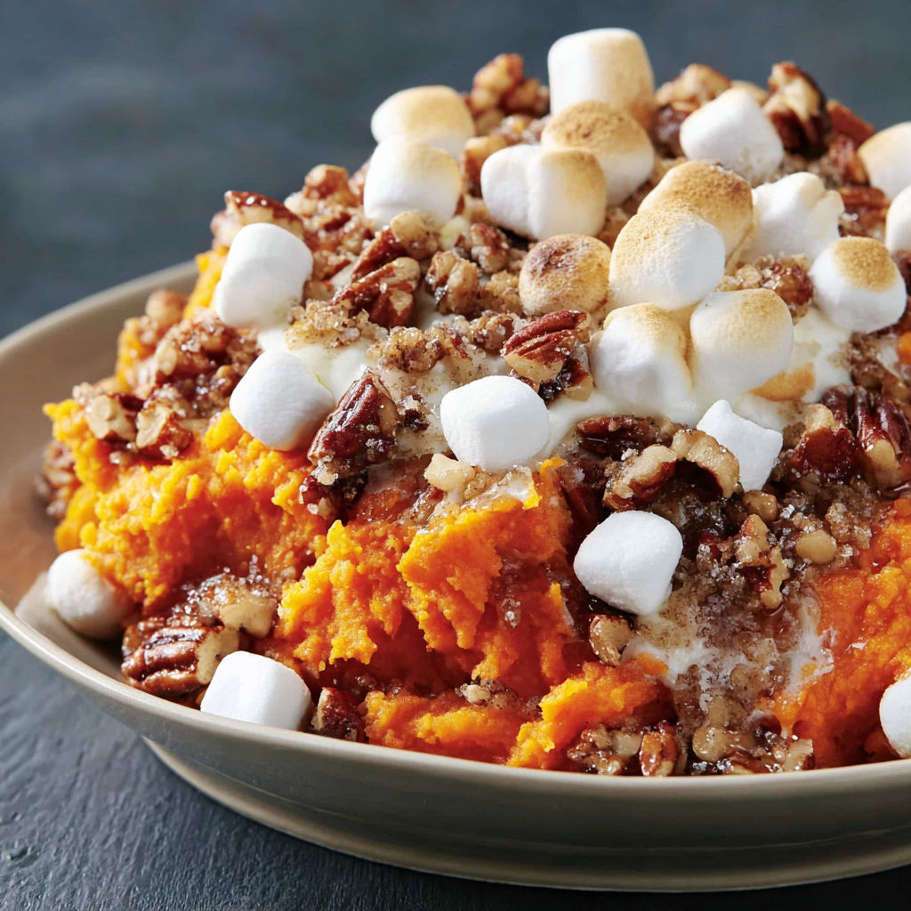 A bowl of pecan sweet potato casserole.