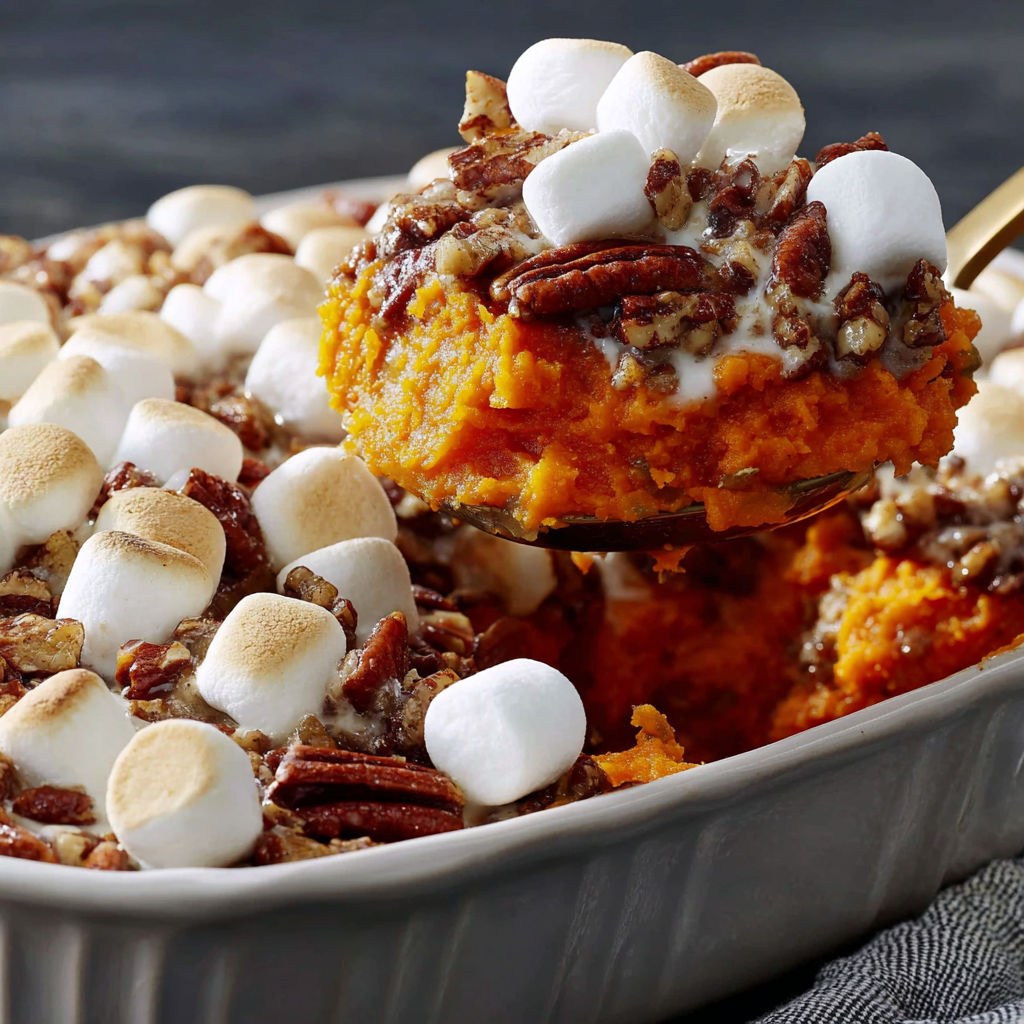 A pecan sweet potato casserole with marshmallows on top.