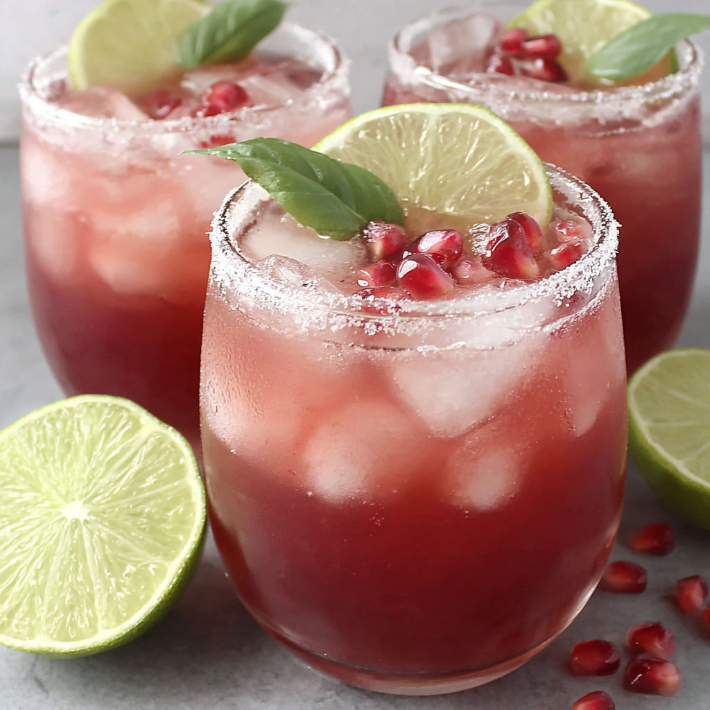 Three glasses of red drink with green garnish.