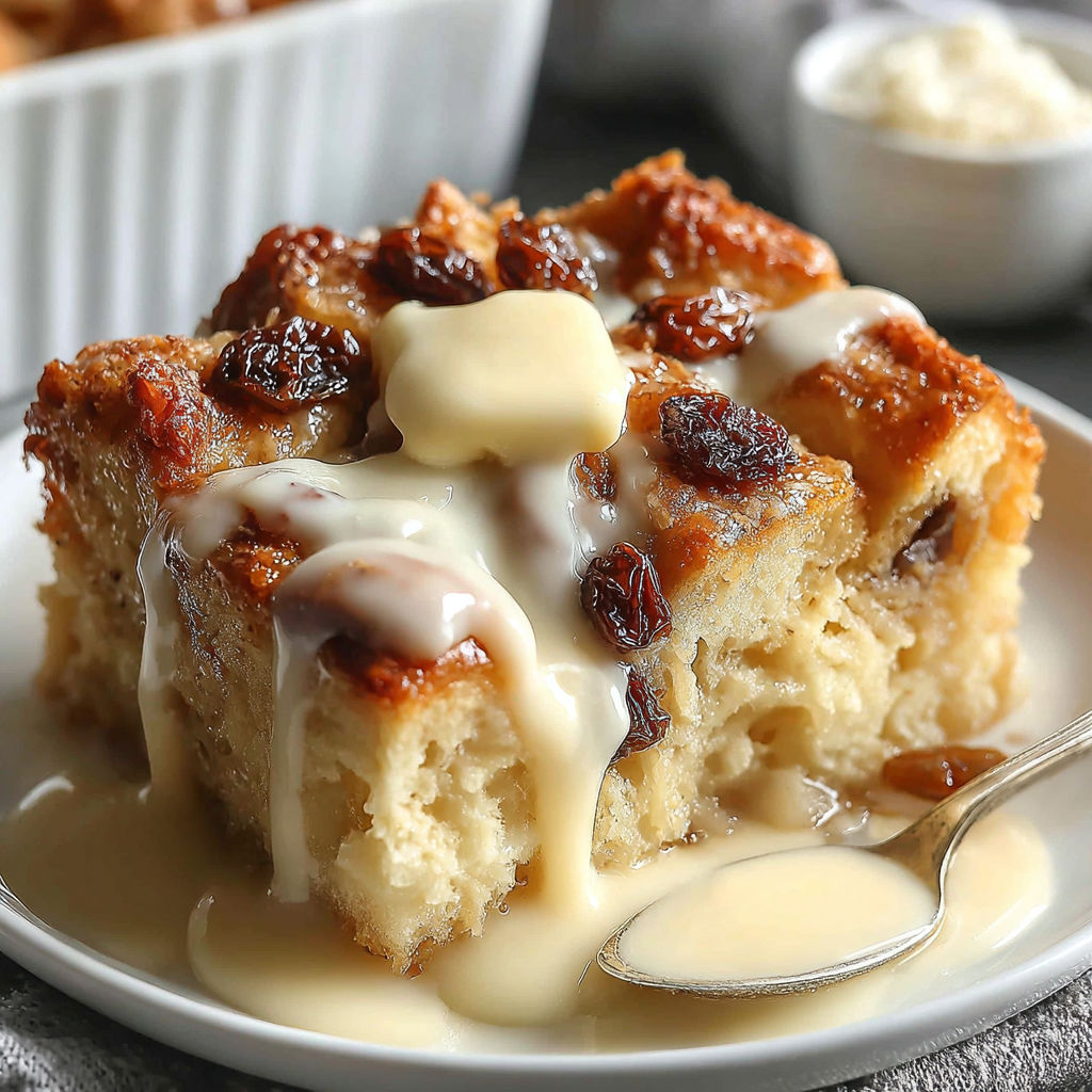 A slice of bread pudding with white icing.