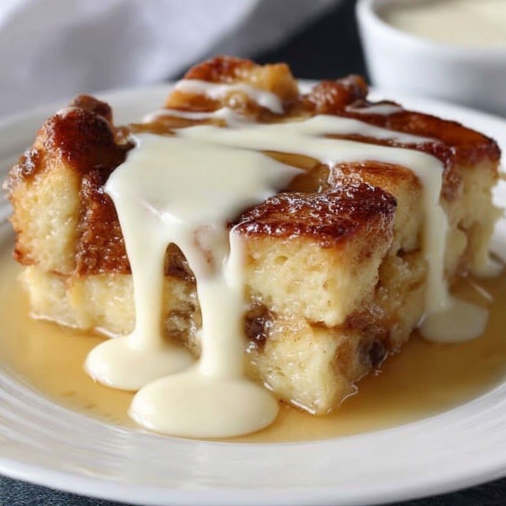 A slice of bread pudding with white sauce.