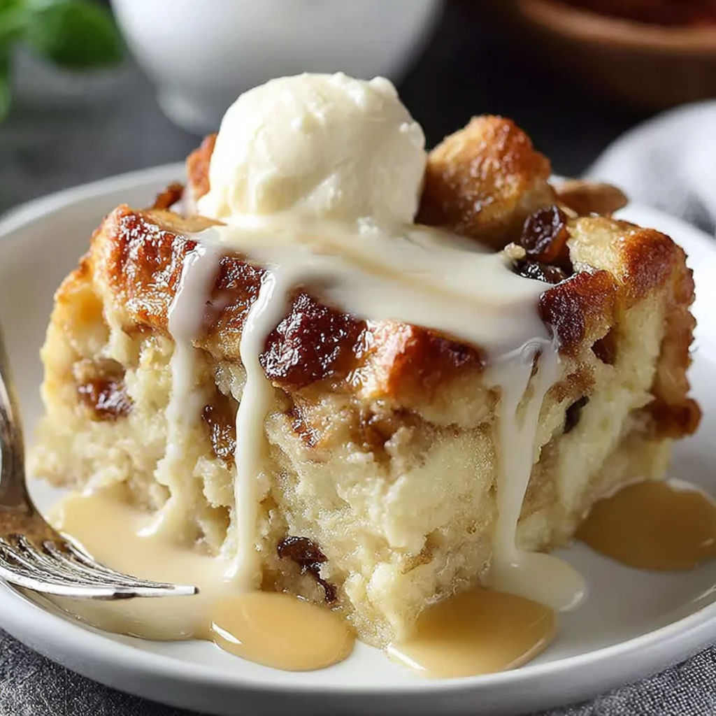 A slice of bread pudding with a dollop of ice cream on top.