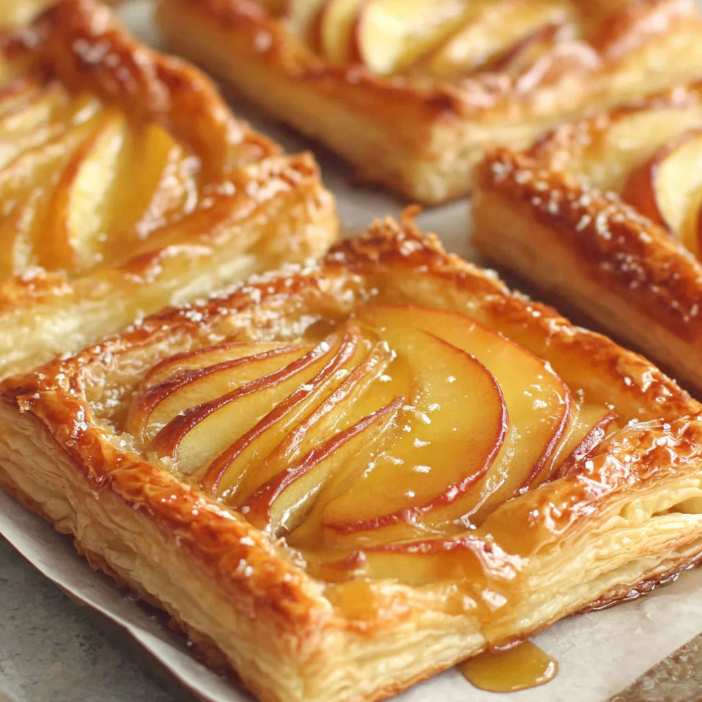 A close up of a pastry with apples and a glaze.