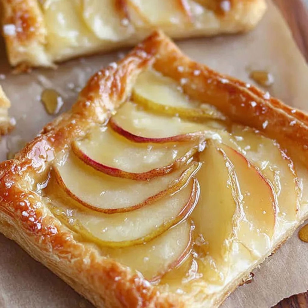 A pastry with apples and a glaze.