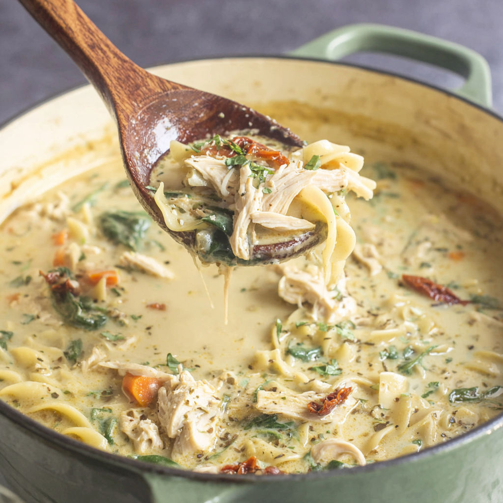 A wooden spoon is in a bowl of soup.