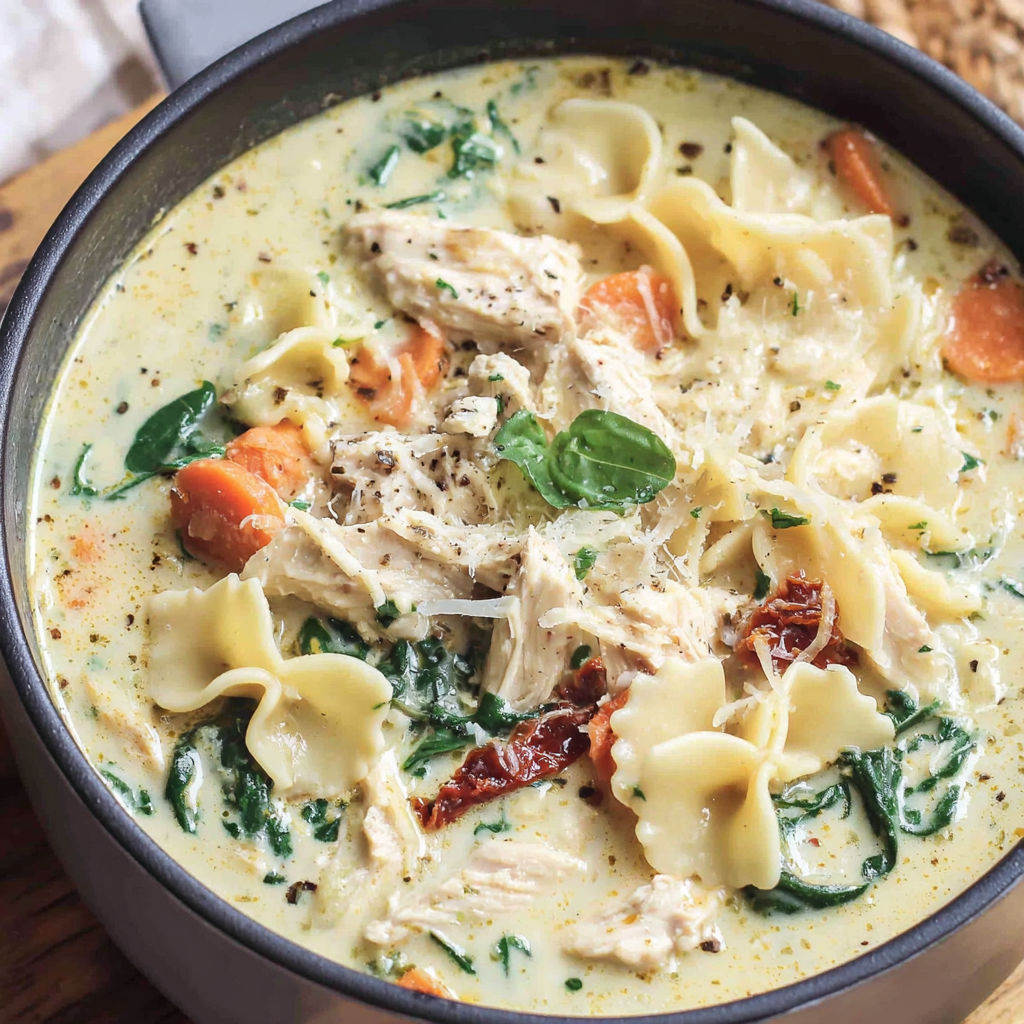 A bowl of white chicken lasagna soup.
