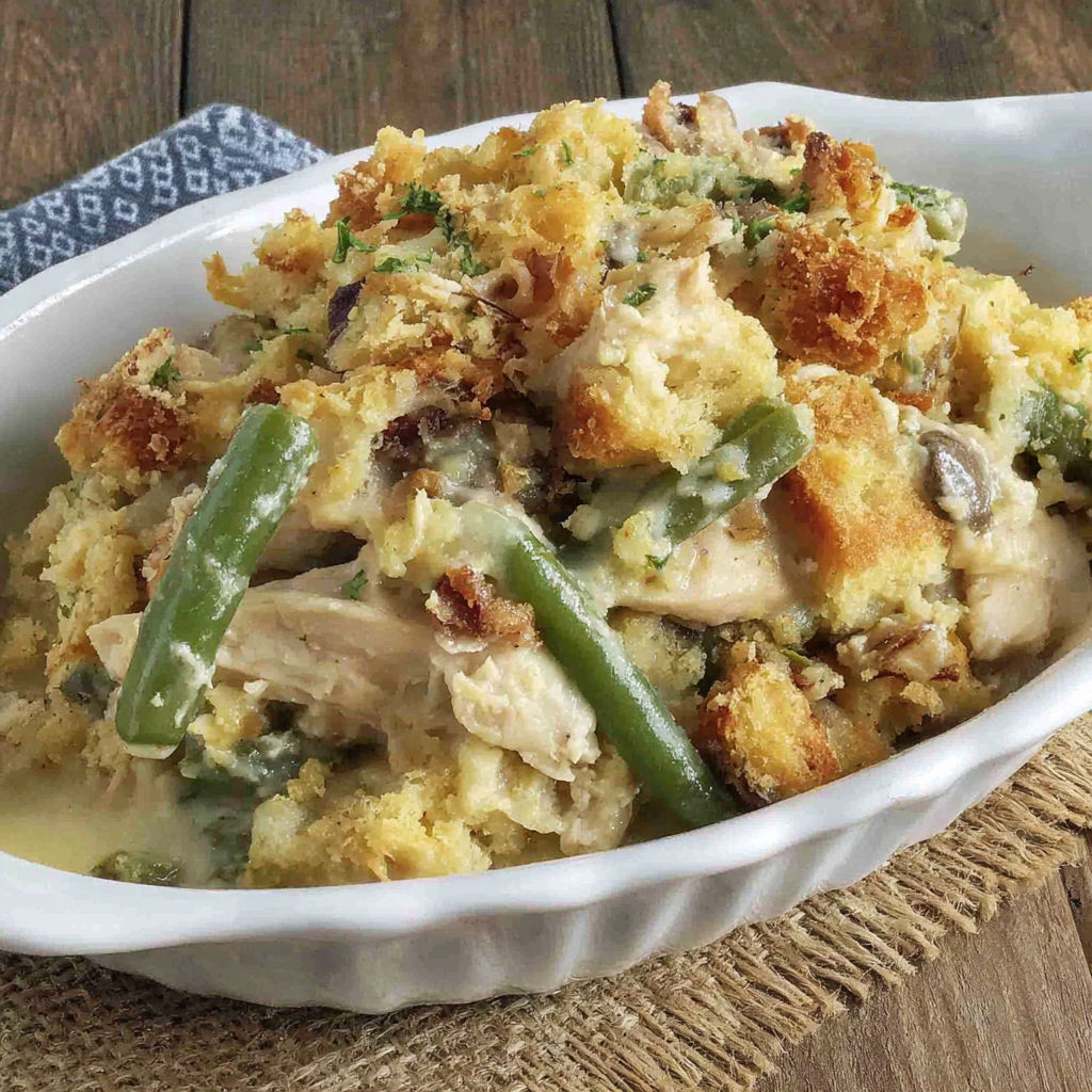 A white bowl filled with a chicken and green bean casserole.