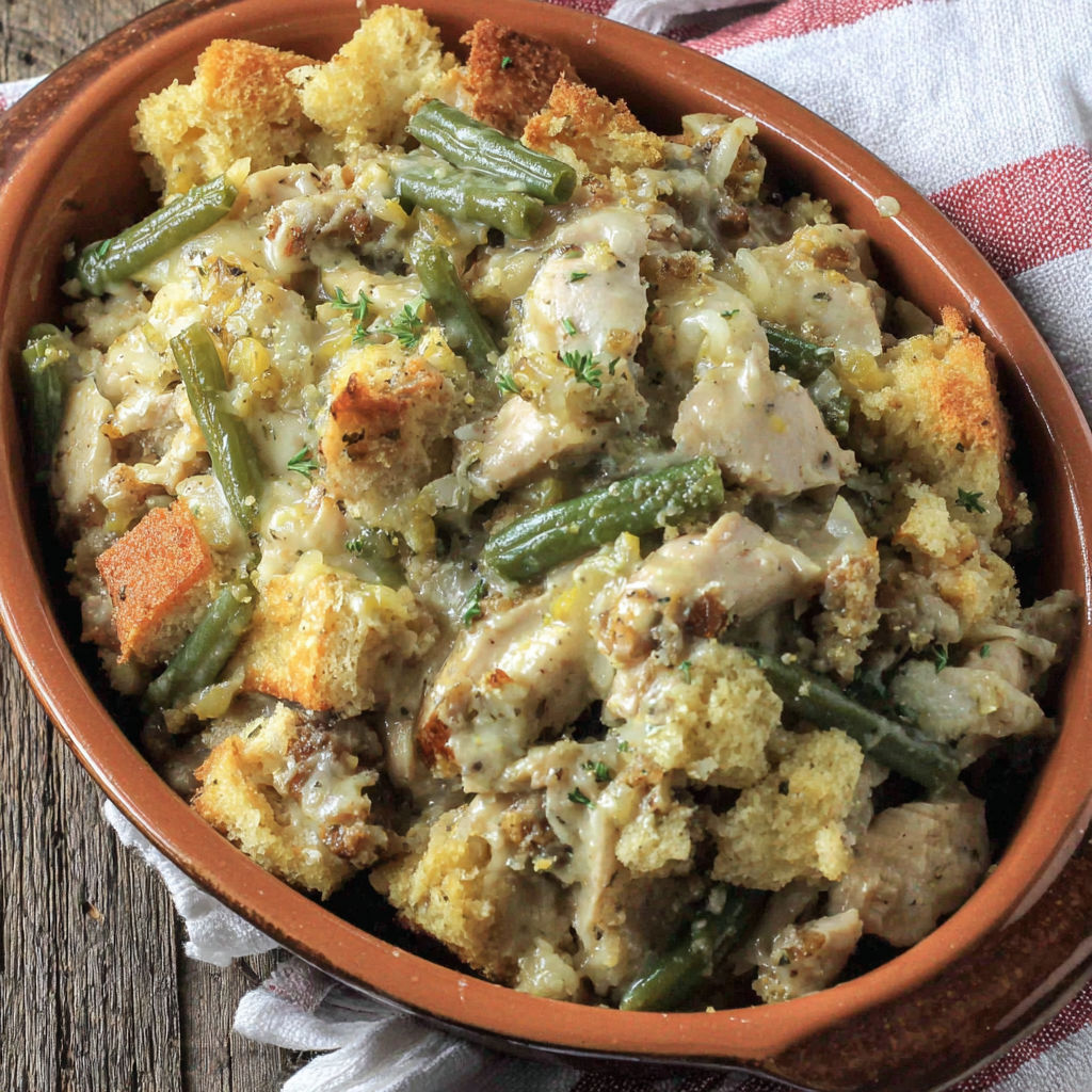A bowl of slow cooker chicken stuffing casserole.