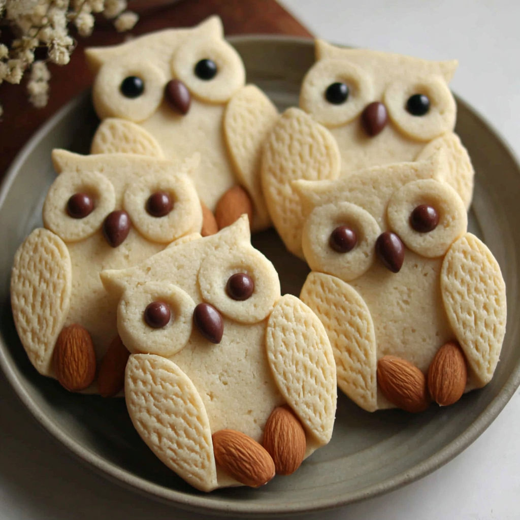 A plate of cookies with owl faces and almond beaks.