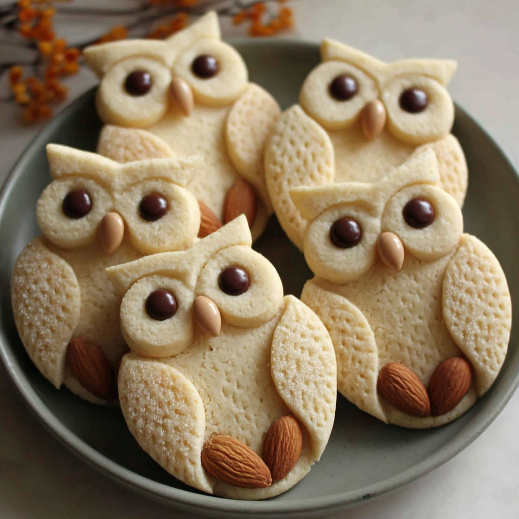 A plate of cookies with owl faces and almond beaks.