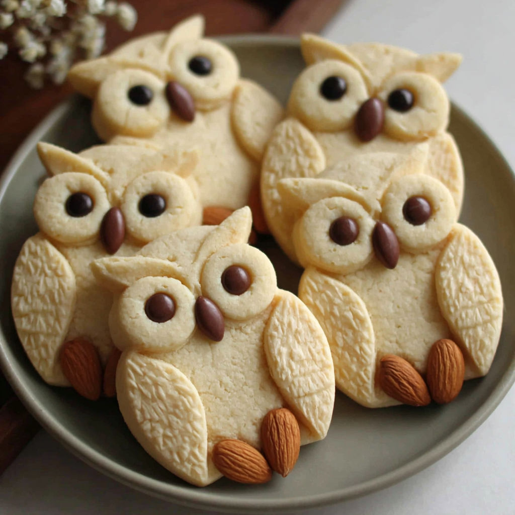 Owl cookies with almond beaks and M&M eyes.