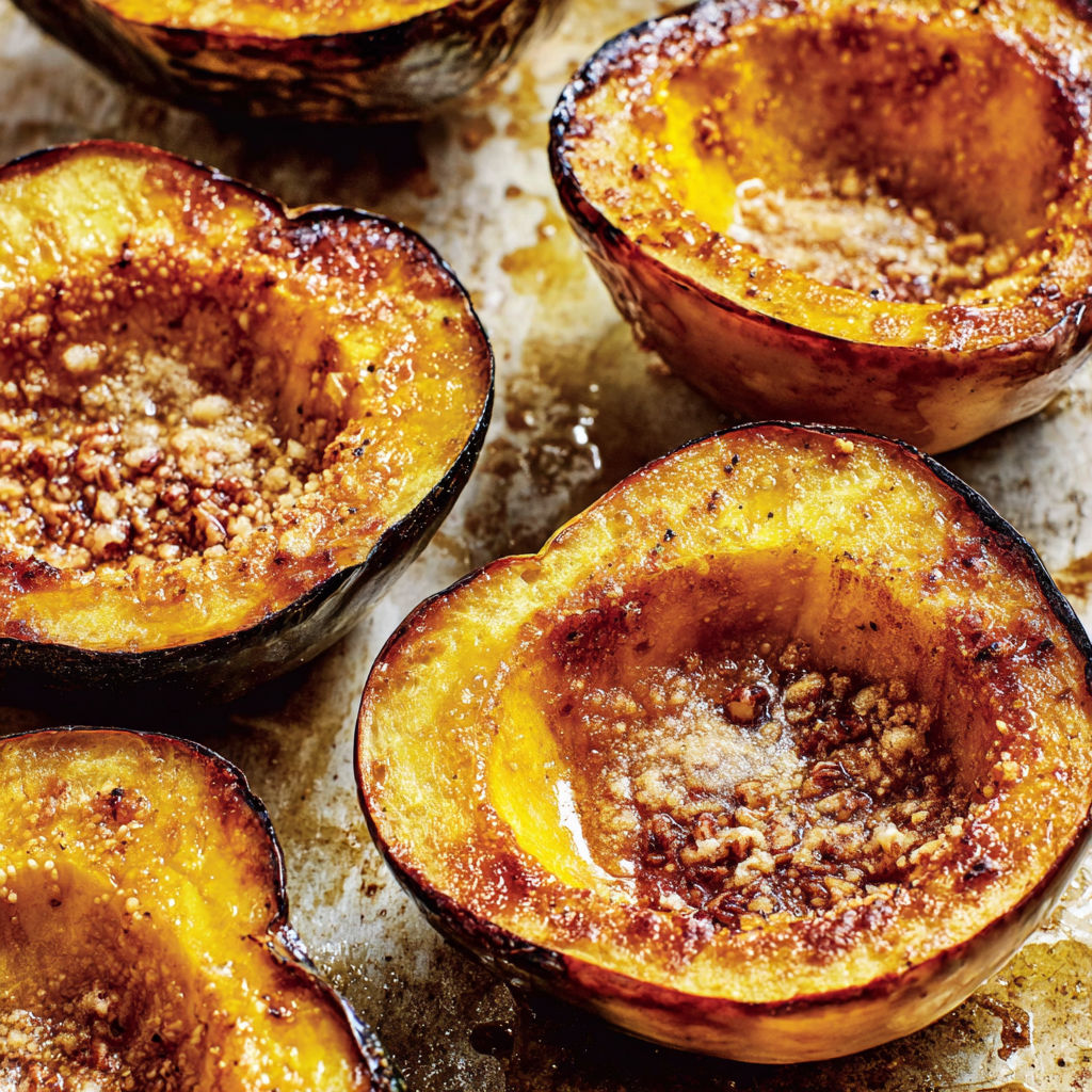 Roasted acorn squash with a brown sugar topping.