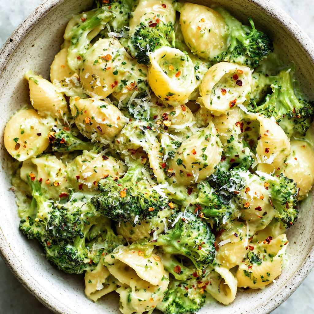 A bowl of pasta with broccoli and cheese.