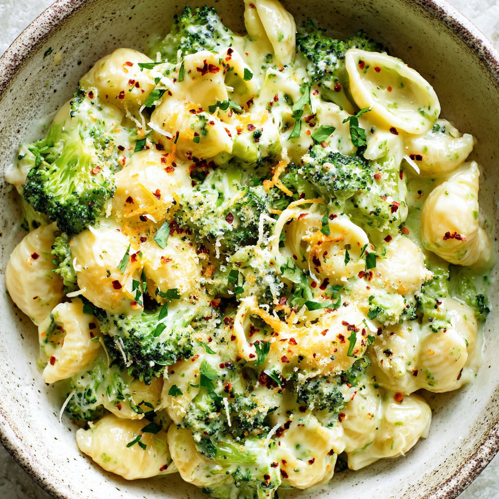 A bowl of mac and cheese with broccoli.